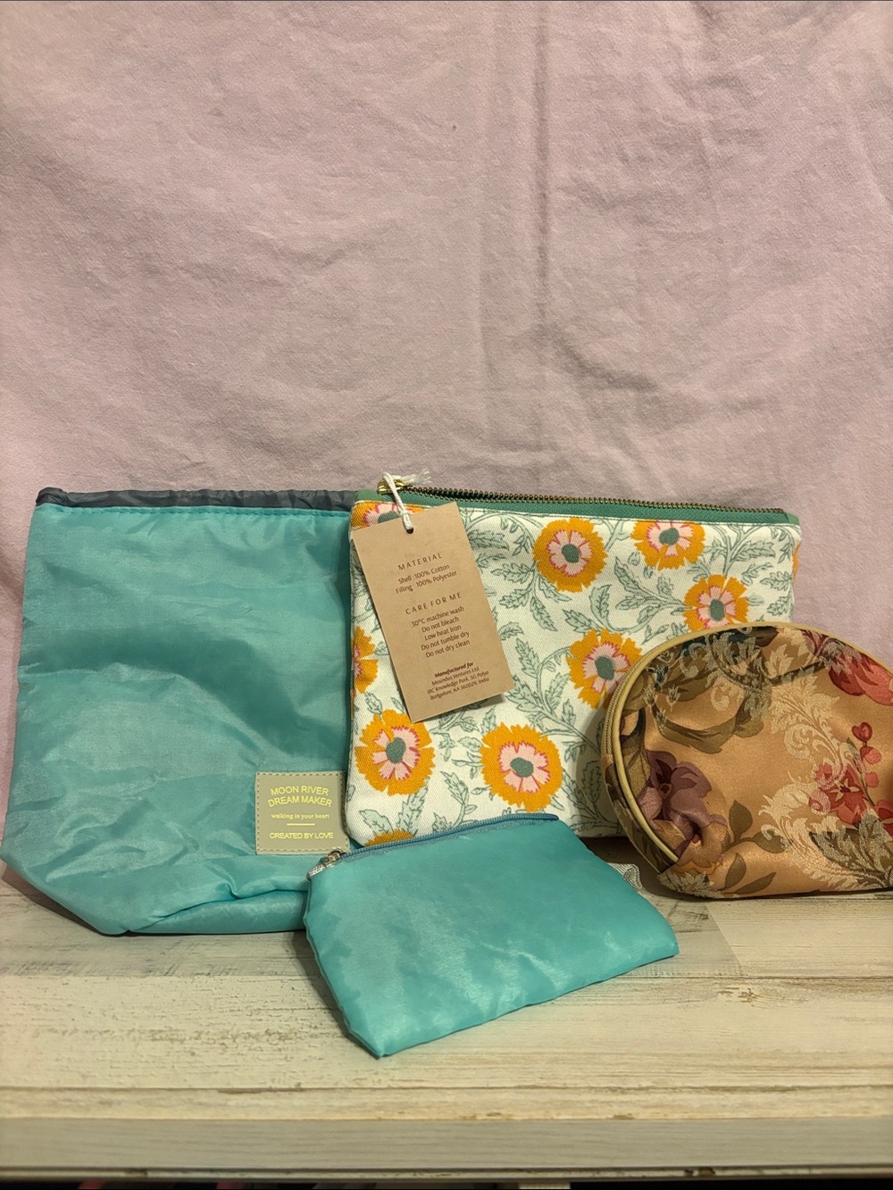Set of 4 Floral & Teal Cosmetic Pouches